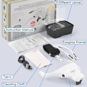 Loupe Casque / Loupes de Tête  – 5 Lentilles Détachables (1.0× à 3.5×) avec LED Rechargeable
